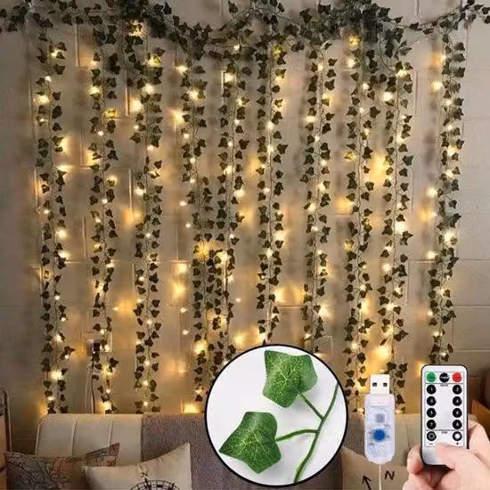 Sztuczna girlanda z bluszczu 9,8 ft × 6,5 ft, 200 diod LED, zasilanie USB, ciepła biel, ściana w sypialni, dekoracja imprezowa.