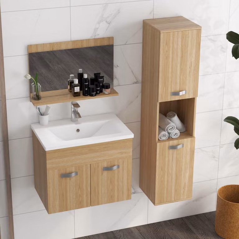 Komplet mebli łazienkowych - Mebel łazienkowy - Szafka pod umywalkę - Szafka z lustrem - Wysoka szafka - Montaż na ścianie - Umywalka ceramiczna