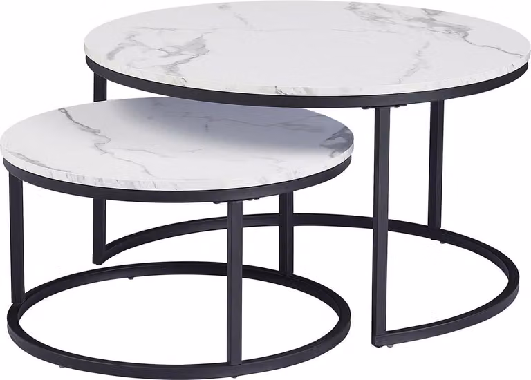 zestaw stolików kawowych Happyment - zestaw 2 - marmurowy wygląd - okrągły - biały - czarna metalowa rama - salon - styl wiejski - 80 cm i 60 cm