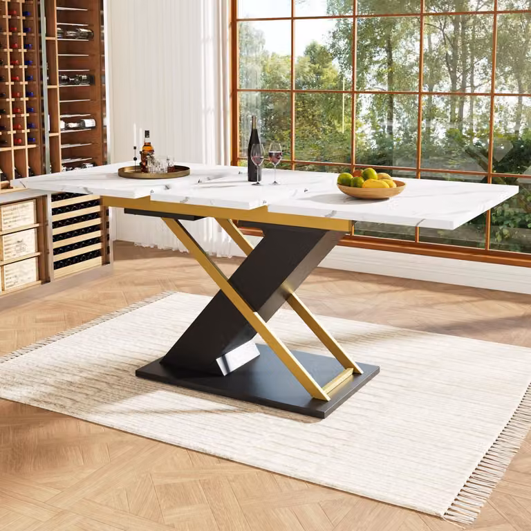 Stół jadalniany rozkładany, wymiary 120-160x80 cm, blat z MDF z wzorem marmuru, nogi krzyżakowe