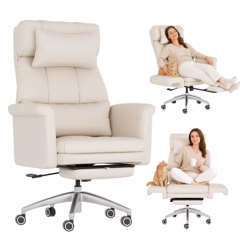 FLEXISPOT HC4-FA, ergonomiczne krzesło biurowe, składane podłokietniki (180°), odporna na zarysowania sztuczna skóra, regulowana wysokość zagłówka (90–130°), kolor beżowy