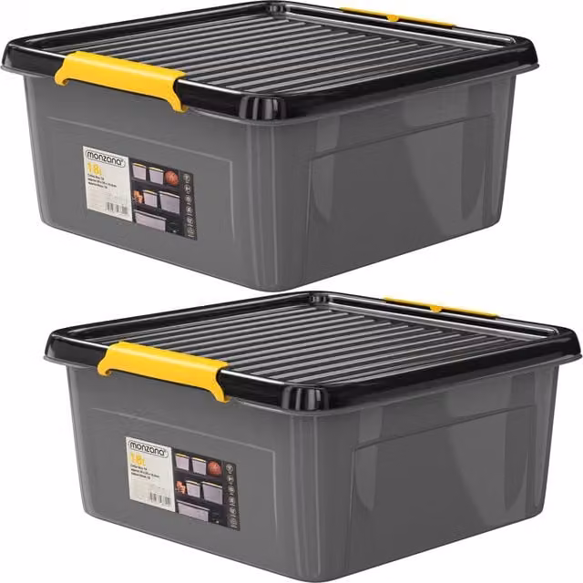 Zestaw 2 plastikowych pudełek do przechowywania monzana® z pokrywkami i uchwytami, kolor szary/antracytowy/żółty, W x S x G: 16 x 39 x 39 cm