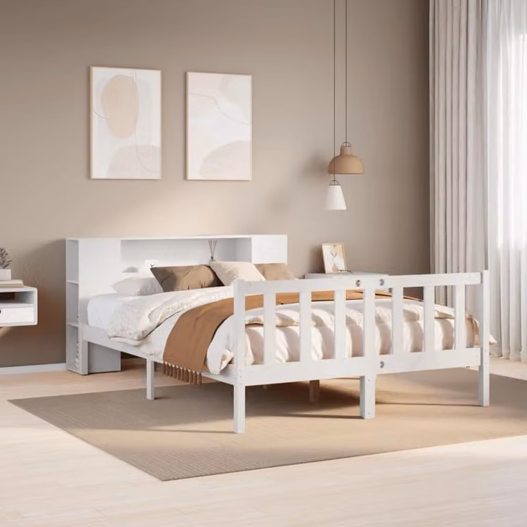 Łóżko platformowe o wymiarach 140x190 cm, wykonane z litego drewna, o nowoczesnym i oszczędzającym miejsce designie