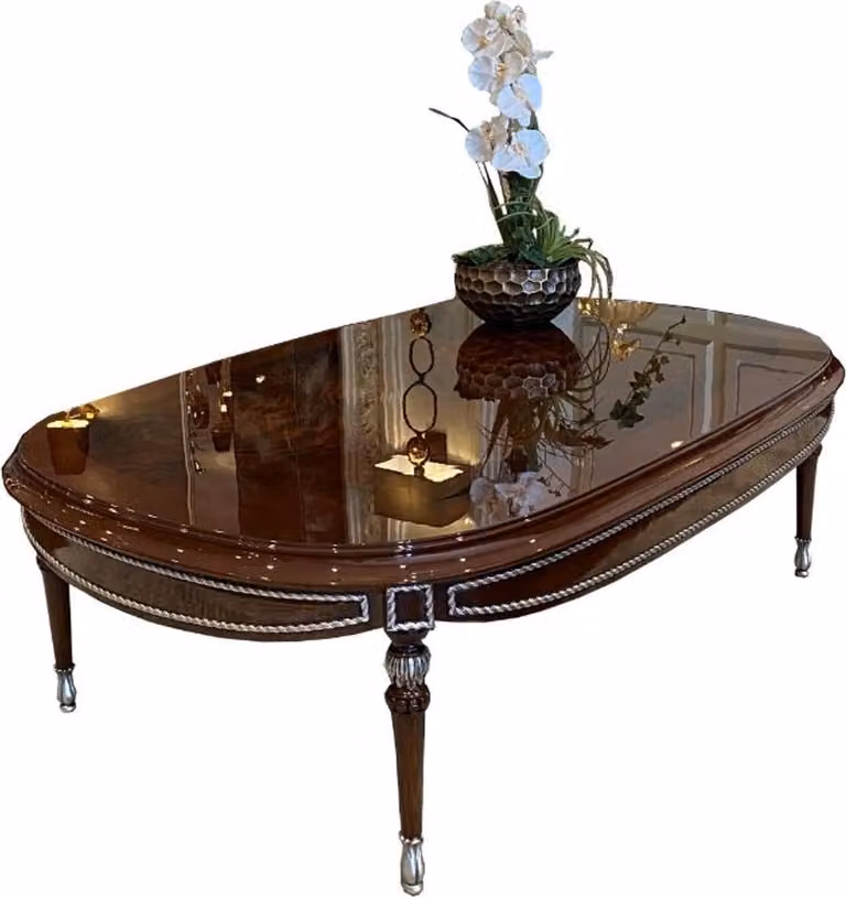 Casa Padrino stolik barokowy brązowy / srebrny 144 x 92 x h. 45 cm - Owalny stolik z litego drewna do salonu - Szlachetne meble w stylu barokowym do salonu