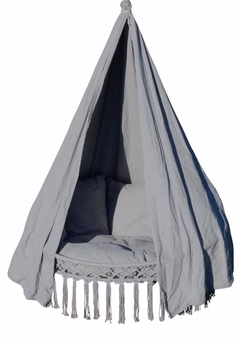 AS-S CHILL – fotel wiszący, leżak wiszący, leżanka wisząca, gniazdo wiszące, namiot wiszący, sofa wisząca, podwójna leżanka z wieloma poduszkami i zasłoną w kolorze szarym, dla 2 osób, składana