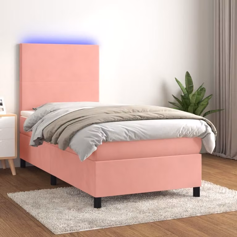 vidaXL Łóżko na sprężynach z materacem i diodami LED różowe 90x200 cm aksamitne - Łóżko na sprężynach - Łóżka - Meble do sypialni