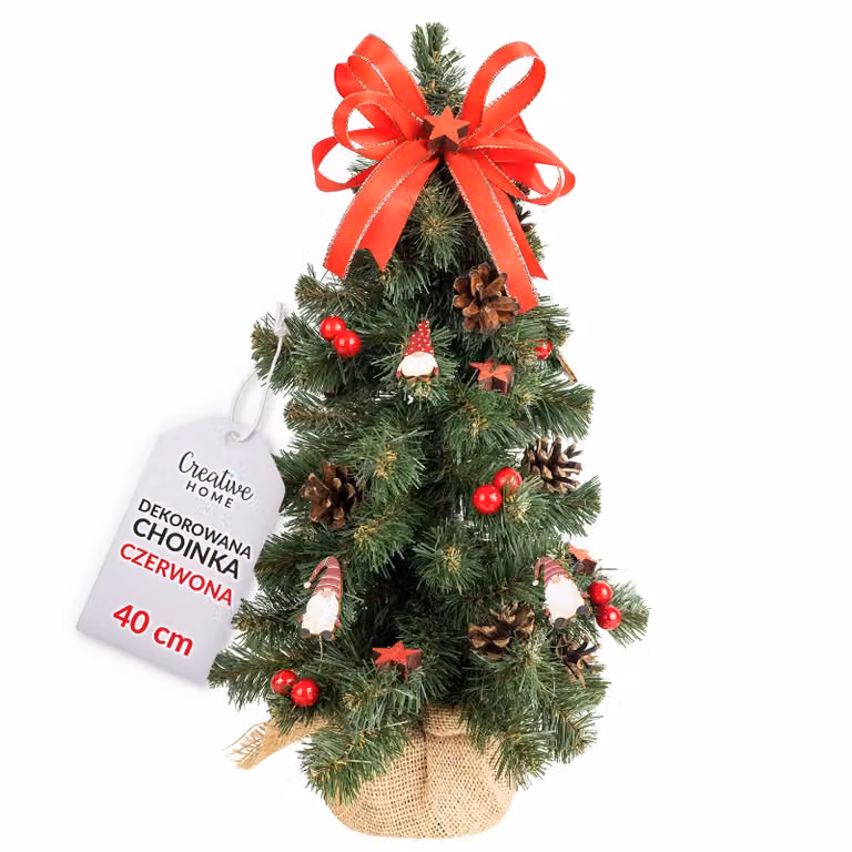 Creative Home Sztuczna Choinka Bożonarodzeniowa| 40 cm | udekorowana na czerwono | idealna na biurko, stół | do domu, biura