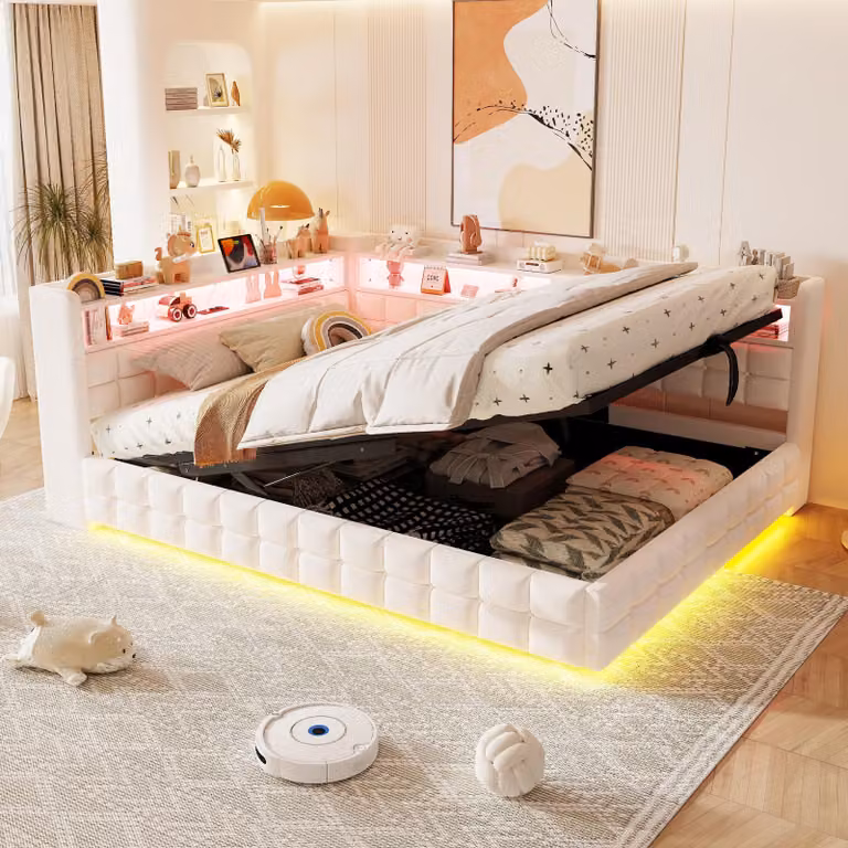 Rozkładana sofa hydrauliczna 140x200 cm z pojemnikiem na pościel, łóżko tapicerowane z funkcją pojemnika i wykończeniem skórzanym, sofa dzienna z półkami, łóżko z pojemnikiem obite welurem, kolor beżowy