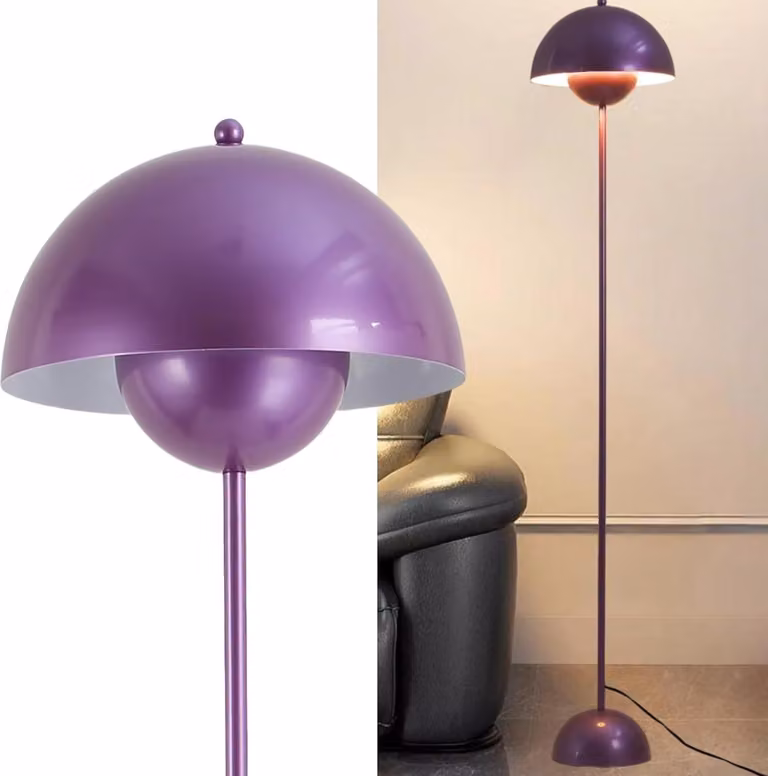 Skandynawska lampa podłogowa fioletowa inspiracja "doniczka" i paraboliczna podstawa E27 do salonu jadalnia sypialnia