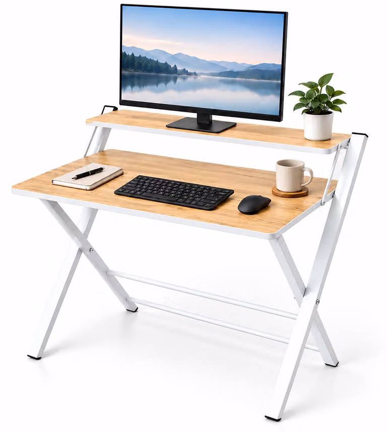 Relaxdays, biurko, podwyższenie na monitor, składane, wymiary: 82 x 70 x 56 cm, materiał: MDF, metal, składane biurko, kolor: naturalny/biały