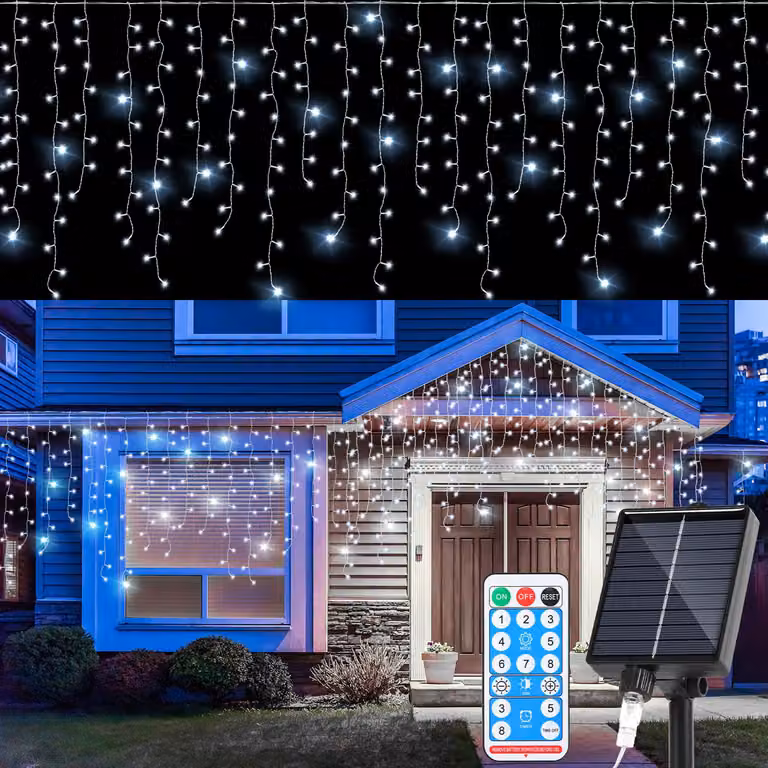 Świąteczna lampka solarna LED "Ikodm 10 M", dekoracyjna girlanda LED "Eisregen" z 400 diodami, imitująca kryształki lodu, z pilotem, do użytku wewnątrz i na zewnątrz, idealna do dekoracji ogrodu, kolor: biały (zimny)