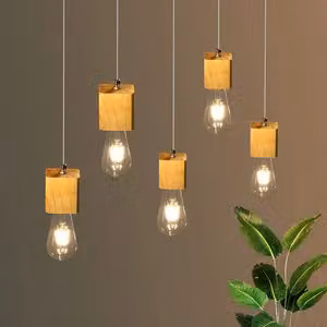 ZMH lampa wisząca 5 płomieni drewniana lampa stołowa 150cm regulowana wysokość lampa wisząca z gniazdem E27 do jadalni kuchnia salon restauracja kawiarnia