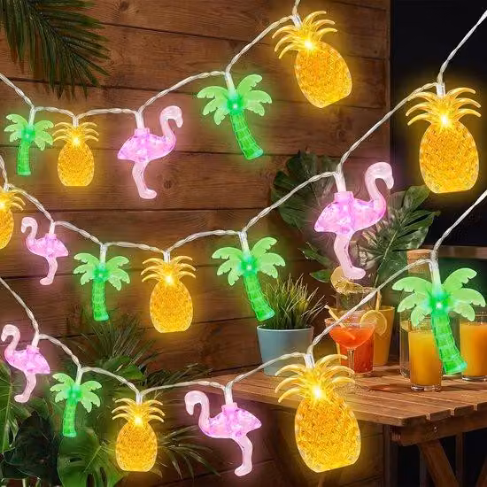 Świateł LED z motywem flaminga, ananasa i palm, długość 6 metrów, 40 diod LED, zasilane bateriami, tropikalny design, dekoracyjne oświetlenie