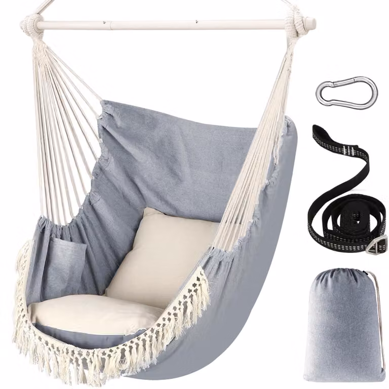 Hanging chair z poduszką i antypoślizgowymi powierzchniami, przeznaczony do użytku wewnątrz i na zewnątrz