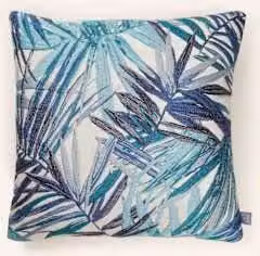Dekoracyjna poszewka na poduszkę PAD Frond blau, aksamitna, wzór floralny, kolor niebiesko-turkusowy z białym, 45 x 45 cm