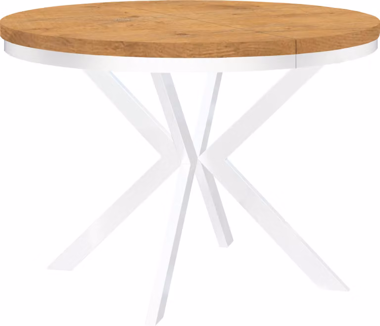 Okrągły stół jadalny biały ENDIK, rozkładany, 110/160 cm, dąb Lancelot z metalową podstawą – styl industrialny, loft