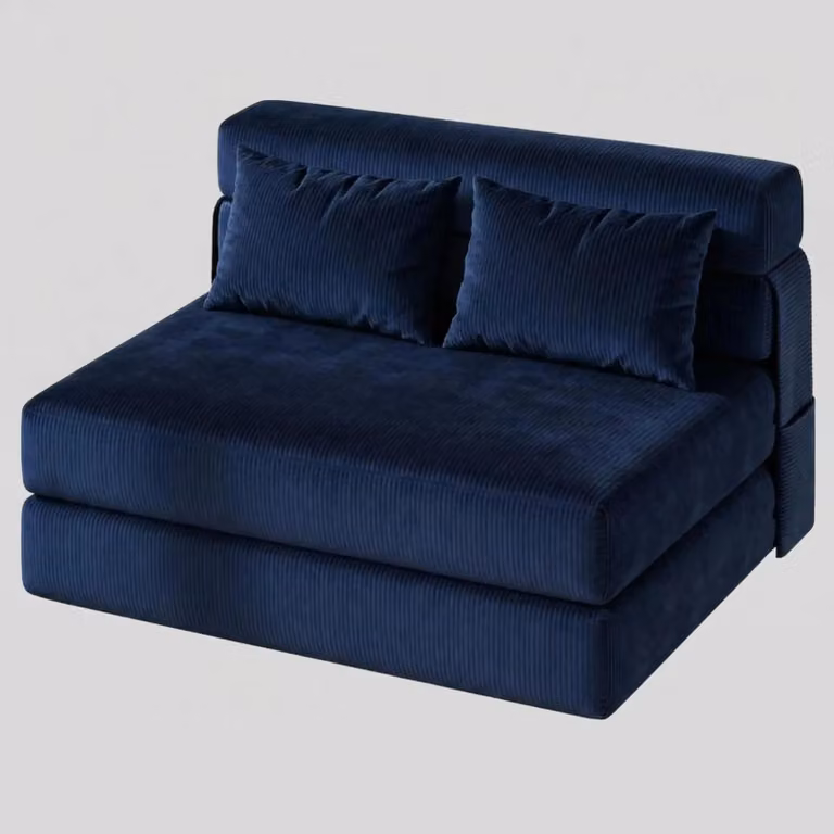 Sofa 2 w 1 – rozkładana sofa w kształcie litery L – fotel rozkładany i sofa podłogowa – rama metalowa – obicie z aksamitu – ciemnoniebieski kolor