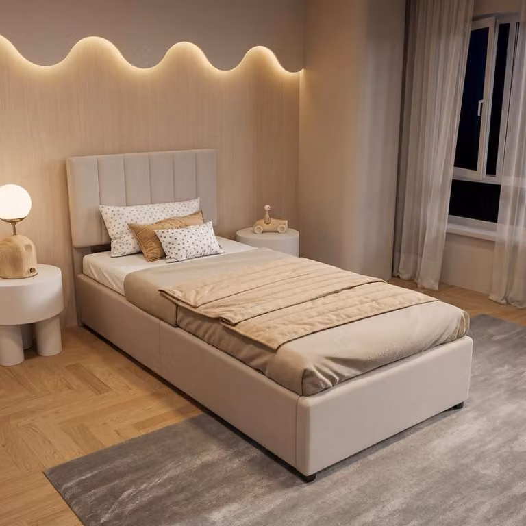 Łóżeczko dziecięce ProximaX 90 x 200 cm z hydraulicznym schowkiem, kolor beżowy, zagłówek z regulacją wysokości, łóżko z schowkiem i skrzynią