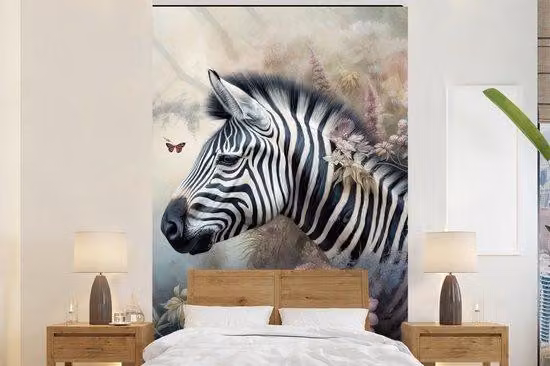 Baner fotograficzny - wzór zwierzęcy: zebra, dzikie zwierzę, motyl, kwiaty - szerokość 155 cm x wysokość 240 cm