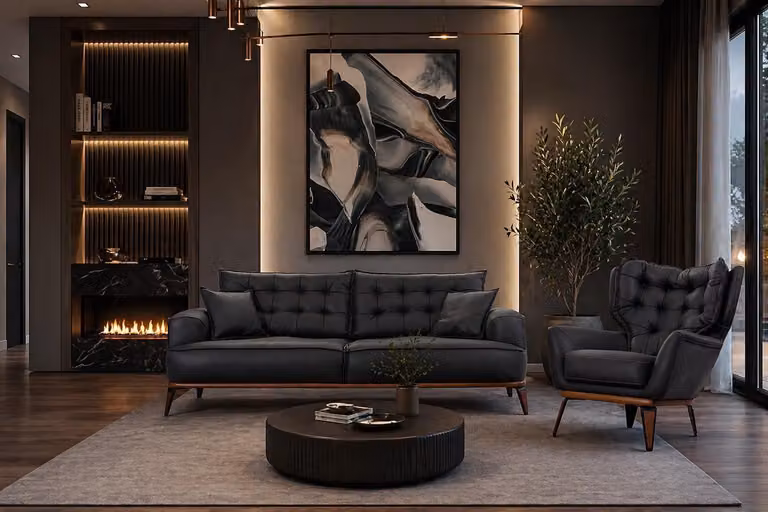 Komplet wypoczynkowy: 3-osobowa sofa, fotel, skóra, nowoczesny design, ciemnoniebieski kolor, nowe poduszki