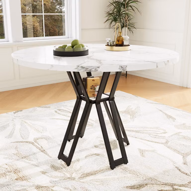Okrągły marmurowy stół do jadalni 100×100×76 cm – lekki/ dla 4–6 osób, blat MDF, czarne nogi, jadalnia/salon