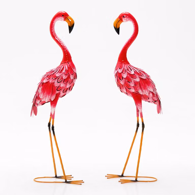 Figurki flamingów ogrodowych – metalowe – 2 sztuki – na zewnątrz – dekoracja do stawu