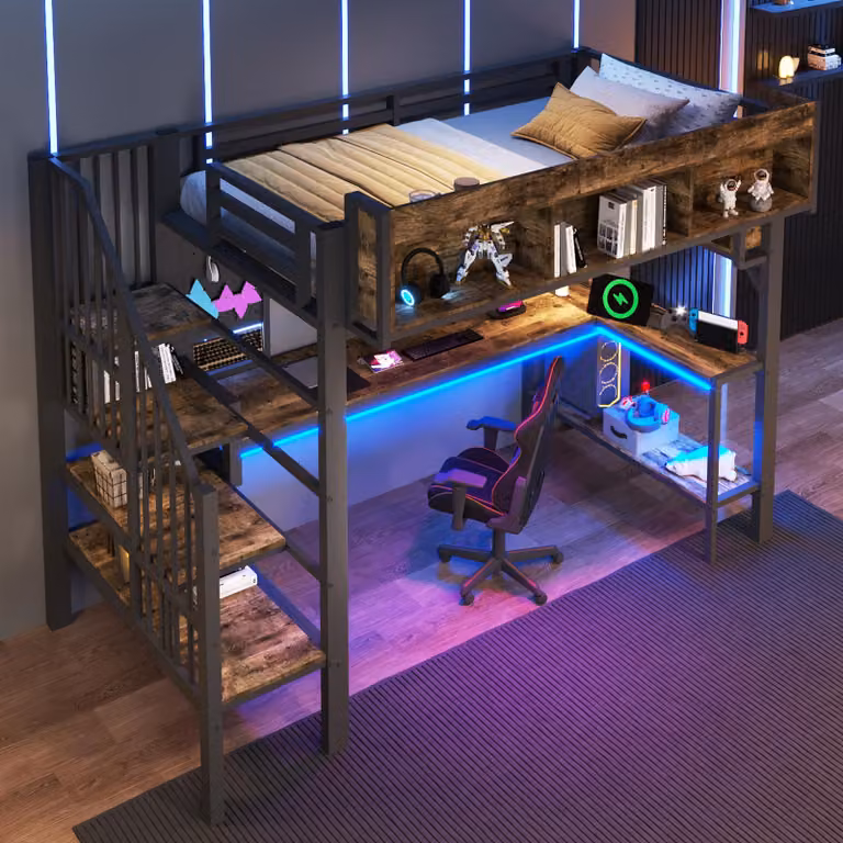 Łóżko piętrowe 90x200 cm z biurkiem narożnym, miejscem do przechowywania, panelem perforowanym, oświetleniem LED, 2 gniazdkami, portami USB i typu C, stelażem łóżka, w stylu vintage, kolor brązowo-czarny