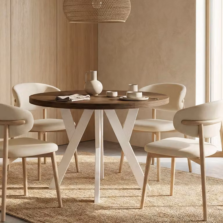 Okrągły rozkładany stół do jadalni, PERO, styl loft, skandynawski, średnica: 100 / 150 cm, kolor: orzech franklin / biały