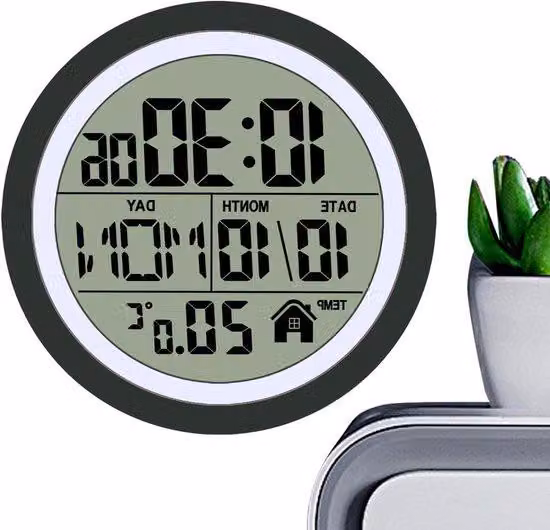 Cyfrowy zegar ścienny - zegar do łazienki - do pomieszczeń o podwyższonej wilgotności - wyświetlanie temperatury i daty - 14,5 cm - czarny