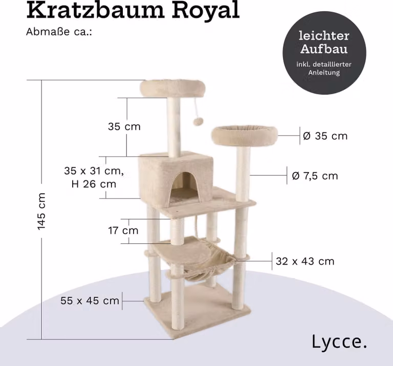 Duże drzewko dla kota Lycce, wielopoziomowe drzewko dla kota, w tym 10 słupków do drapania całkowicie owiniętych sizalem, jaskinia, hamak, 4 platformy, pluszowa piłka, bardzo stabilne, zajmujące mało miejsca, kolor: beżowy