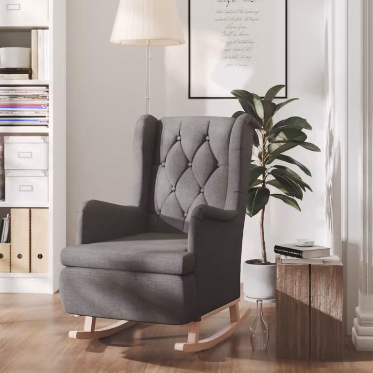 The Living Store Fotel bujany z nogami z drewna kauczukowego Ciemnoszary materiał
