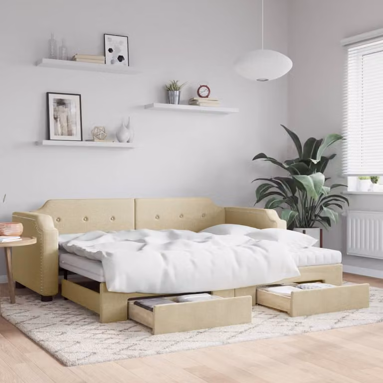 Maison Exclusive – rozkładana sofa z szufladami, kolor kremowy, 90 x 200 cm, obicie z tkaniny