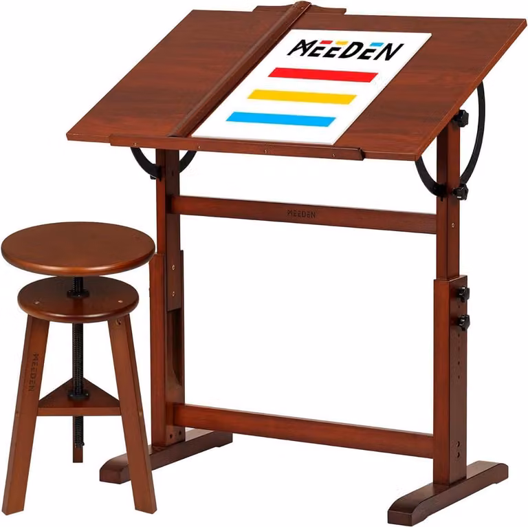 MEEDEN zabytkowy drewniany stół kreślarski z taboretem artystycznym 96 x 60 cm regulowana wysokość