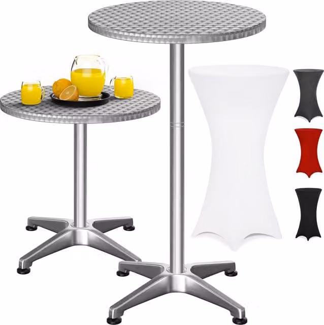 Srebrny stół barowy Casaria z regulacją wysokości oraz biały pokrowiec o średnicy 60 cm, W x S x G: 115 x 60 x 60 cm