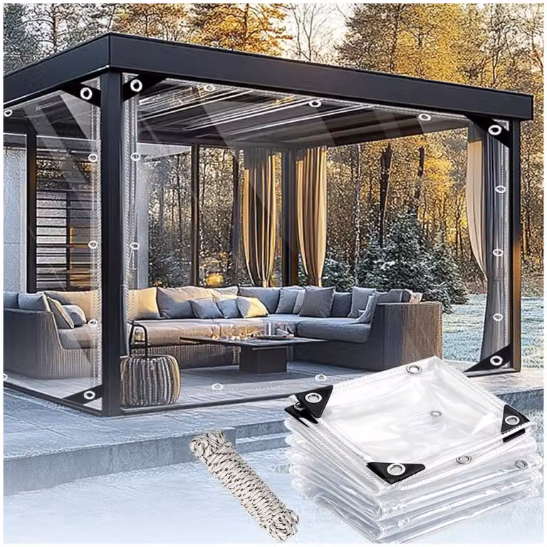 Plandeka PVC przezroczysta - 300 g/m² - Z oczkami i sznurkiem - 1,9 x 3,9 m