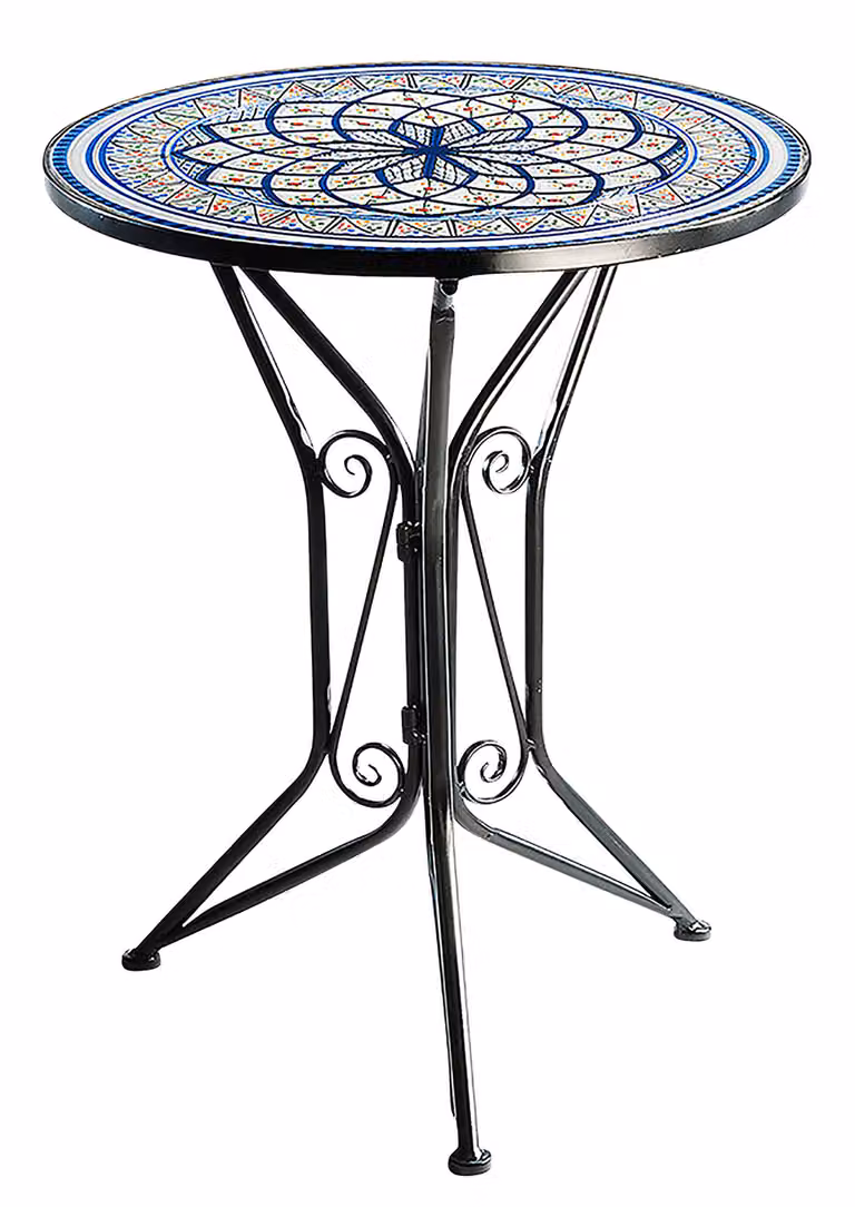 Stół ogrodowy Kobolo z blatem wysokość 68 cm średnica 55 cm - śródziemnomorski wygląd mozaiki okrągłe metalowe składane meble ogrodowe stół patio meble balkonowe