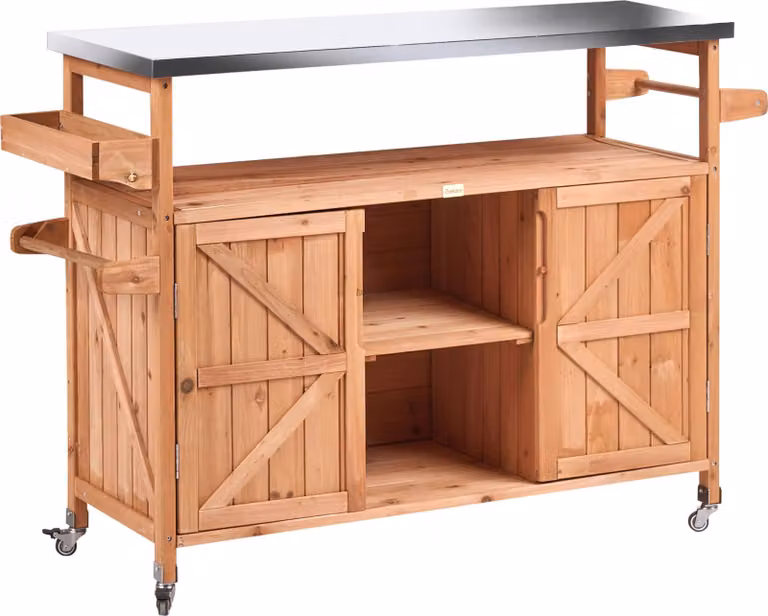 BELIANI Ogrodowa wyspa kuchenna na kółkach brązowa drzewo jodłowe 128 x 47 x 85 cm stalowy blat miejsce na przechowywanie