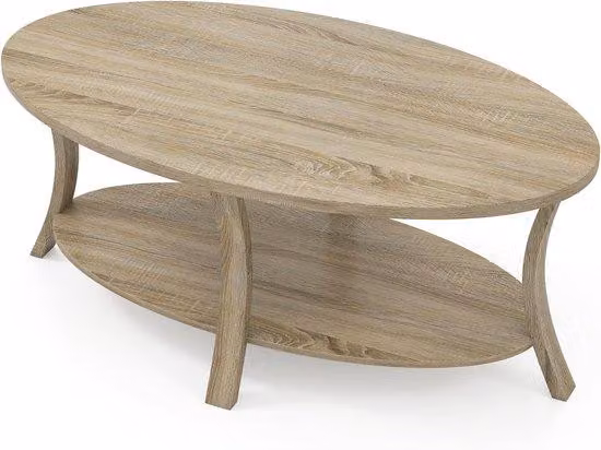 Owalny stolik kawowy - stolik pomocniczy do salonu - stolik do organizacji przestrzeni salonu - dwupoziomowy schowek - wymiary: 111 x 60,5 x 47 cm - dąb