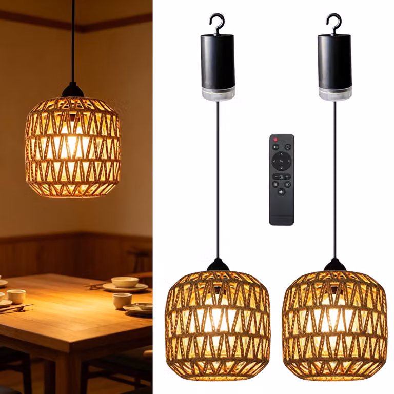 2 lampy wiszące z rattanu, zasilane bateriami, w stylu boho, do użytku wewnątrz i na zewnątrz