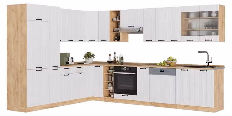 Kuchnia narożna Vicco Fame-Line Biały rustykalny/Dąb goldkraft 347 x 257 cm bez blatu roboczego, Model 57046