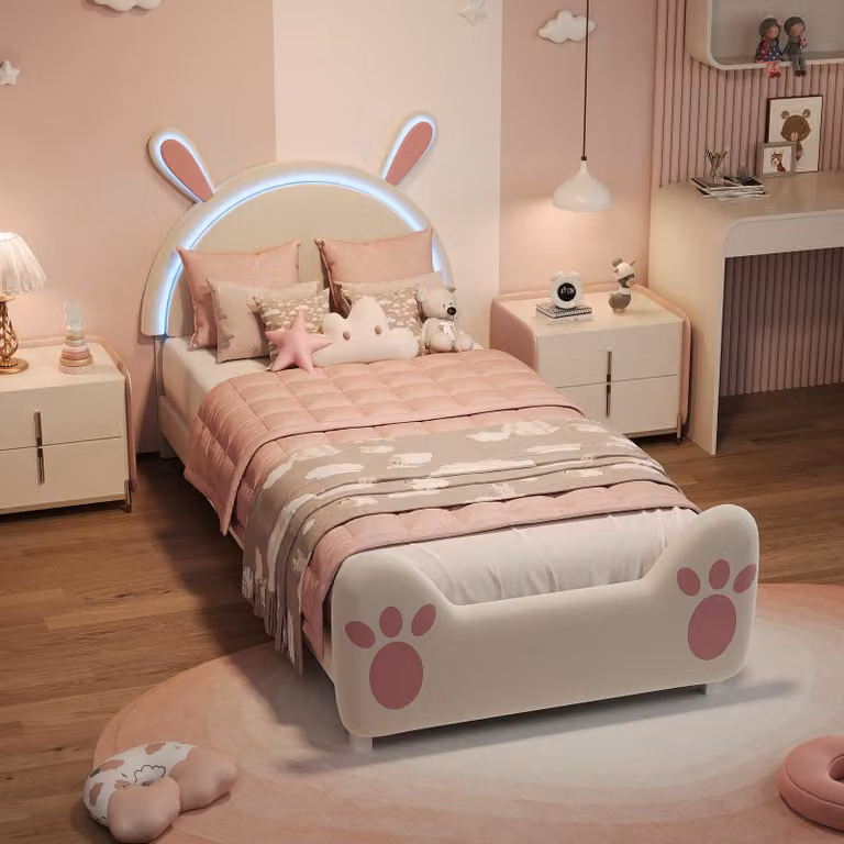 Łóżeczko dziecięce UnboxG 90 x 200 cm z motywem króliczka, lampką LED do czytania przy wezgłowiu, wyściełanym miękkim materacem z motywem z kreskówek do pokoju dziecięcego