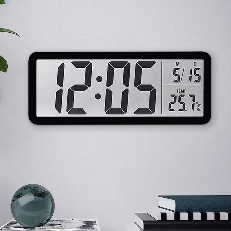 Cyfrowy zegar ścienny, zasilany bateriami, 8-calowy wyświetlacz LCD, duże cyfry, wyświetlanie temperatury, format 12/24 godziny