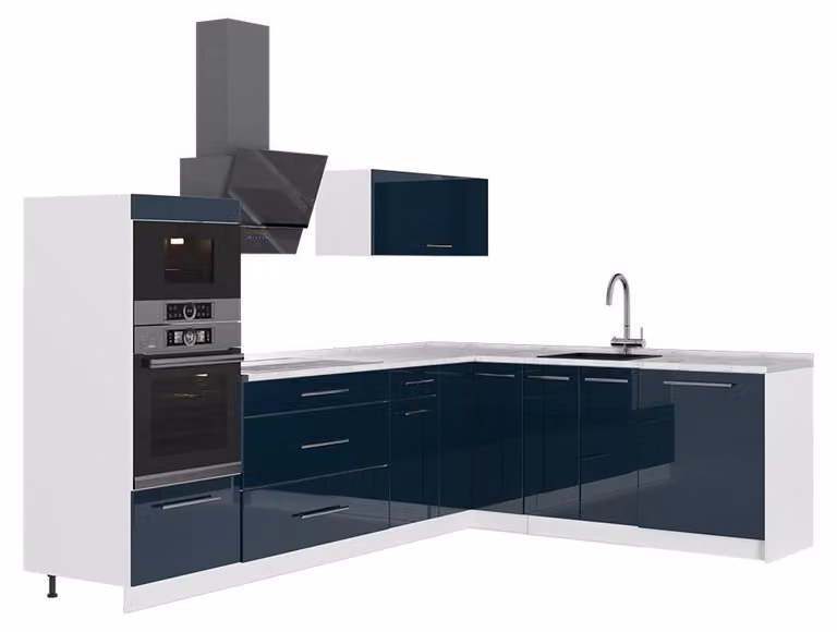 Kuchnia narożna Vicco Fame-Line Ciemnoniebieski wysoki połysk/Biały 287 x 207 cm bez blatu roboczego, Model 63537