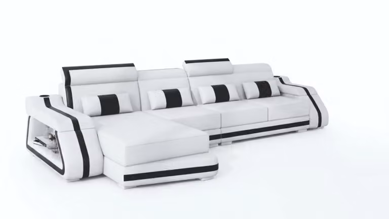Nowoczesna, narożna sofa w kształcie litery L, biała, z oświetleniem LED, zestaw sofowy, elegancki design, ekskluzywny