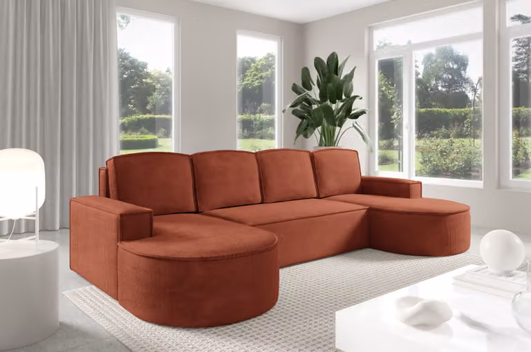 Sofa narozna Sofello Molly U-shape o zaokraglonym ksztalcie w kremowo-bezowo rdzawo-zielonym welurze - modny zaokraglony ksztalt! (z funkcja spania)