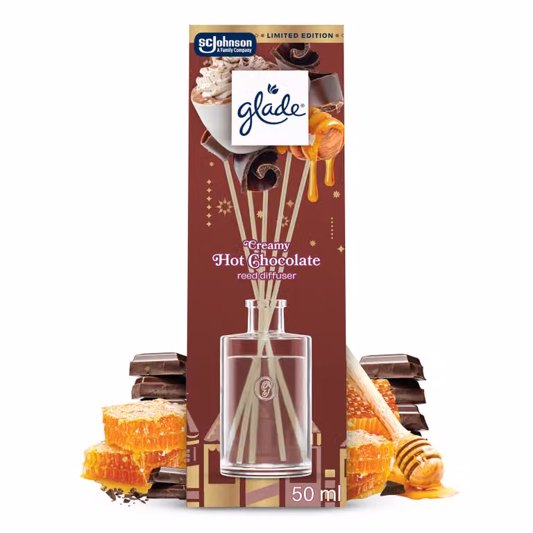 Słodki zimowy Glade® Reed Diffuser - Creamy Hot Chocolate, odświeżacz powietrza pachnące patyczki 50 ml