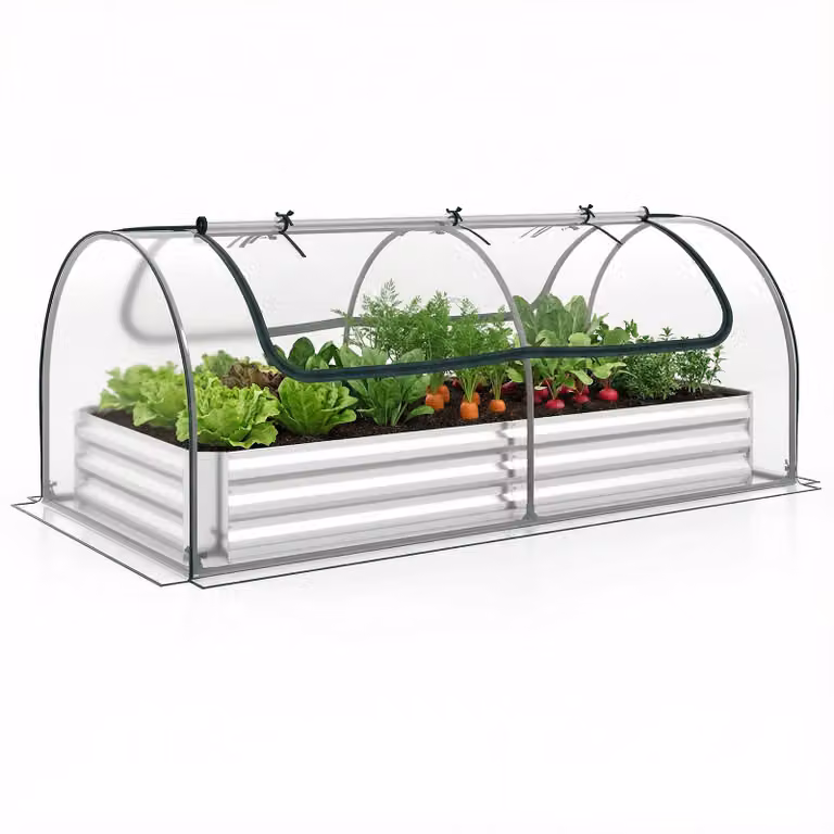 COSTWAY Szklarnia 3 w 1 z podwyższoną grządką, grządka z dwoma oknami, prostokątna szklarnia, metalowa skrzynka na rośliny, folia PVC, na balkon 202 x 101 x 81 cm