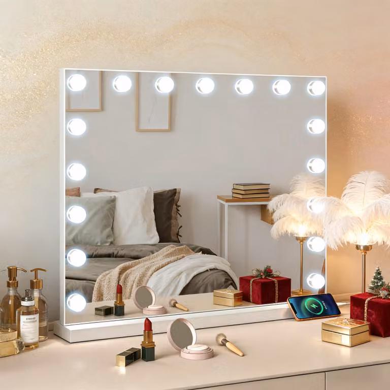 Lusterko do makijażu w stylu Hollywood - Wit - 17 diod LED - Regulacja jasności - Drewno - Do toaletki - Lusterko stojące