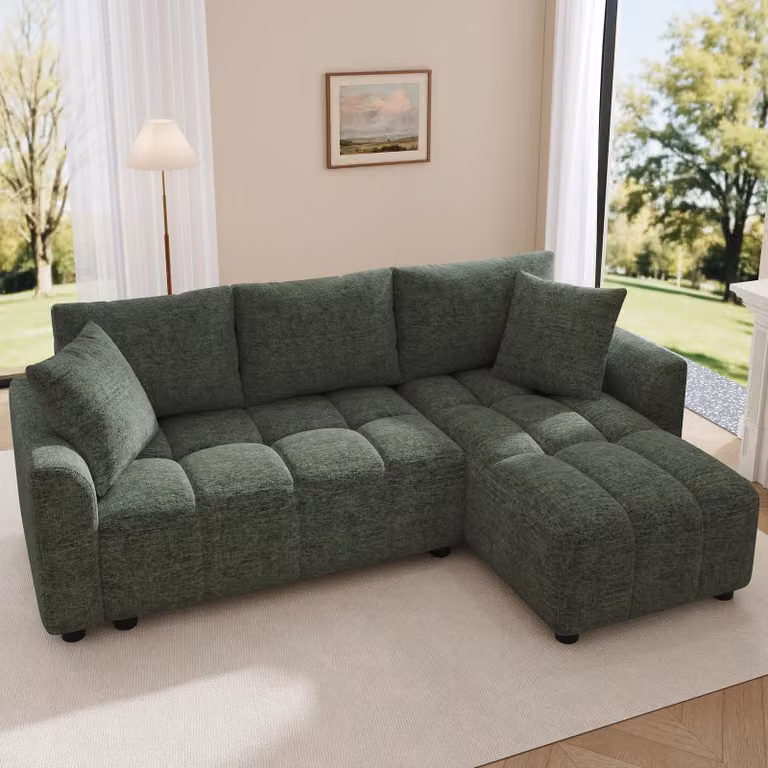 Sofa trzyosobowa Merax, narożna sofa w kształcie litery L z leżanką, tkanina szenilowa, sofa do salonu i mieszkania, z 2 poduszkami, sofa, kanapa, zielona