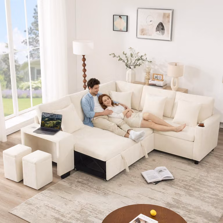 Rozkładana sofa narożna Merax w kształcie litery L, sofa narożna z funkcją spania, schowkiem, portem USB, uchwytem na napoje, poduszkami, sofa do sypialni i kina domowego, beżowa